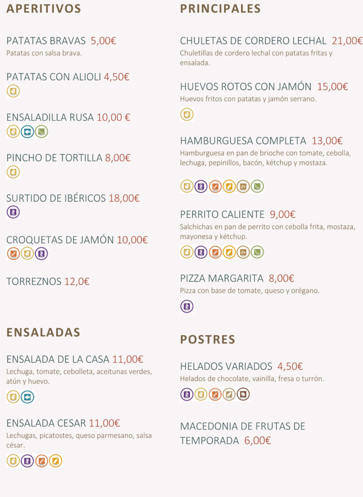 Carta de alérgenos de un restaurante