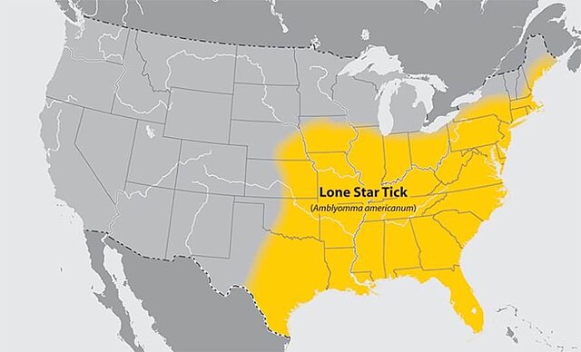 mapa de la expansión de la garrapata  lone star 
